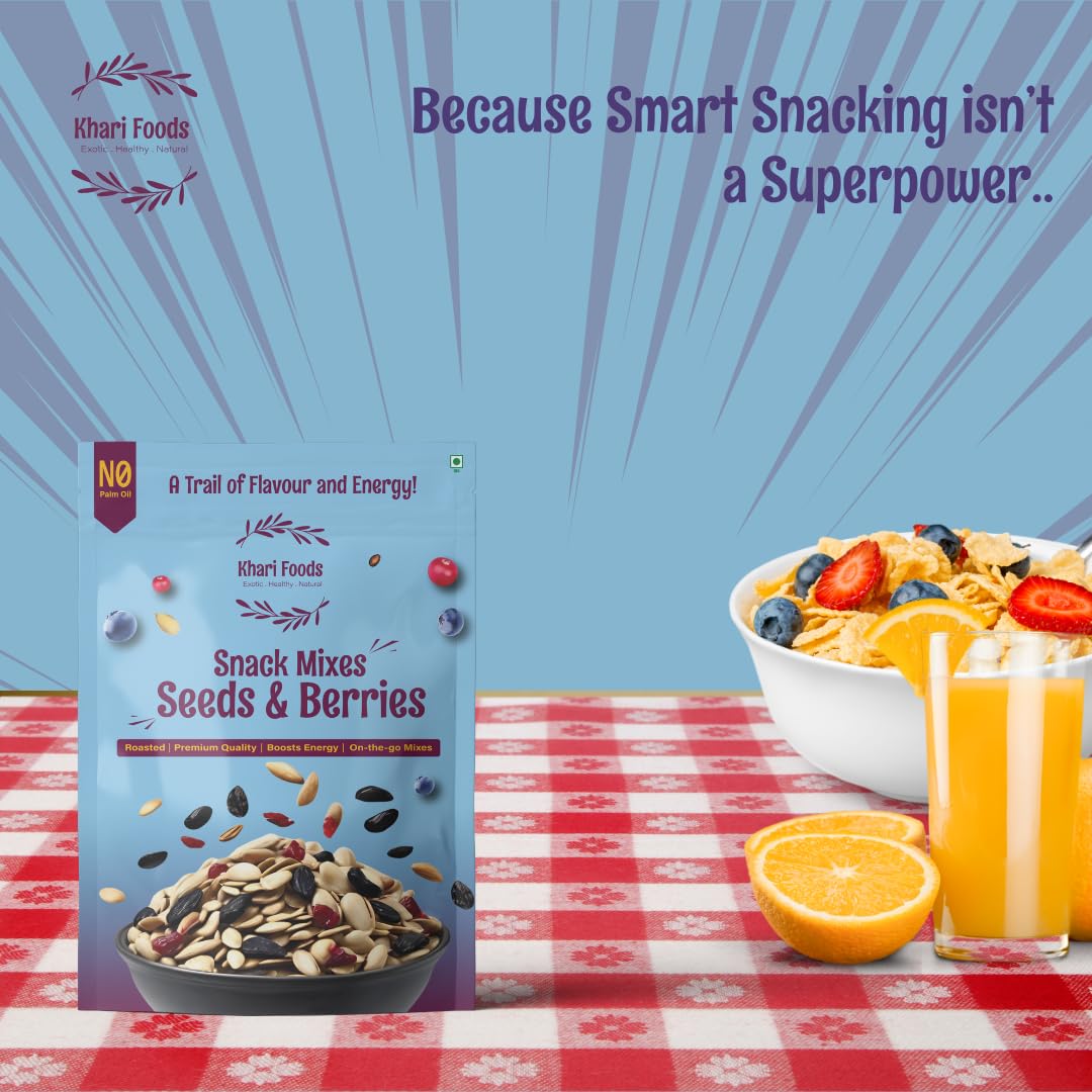 Khari Foods Seeds Berries Snack Trail Mix, 6 in 1 Mix, Roasted Pumpkin, Sunflower, Watermelon Seeds, Cranberries, Black Raisins, Blueberries, Fibre & Protein Rich, No Palm Oil (400g) 4
