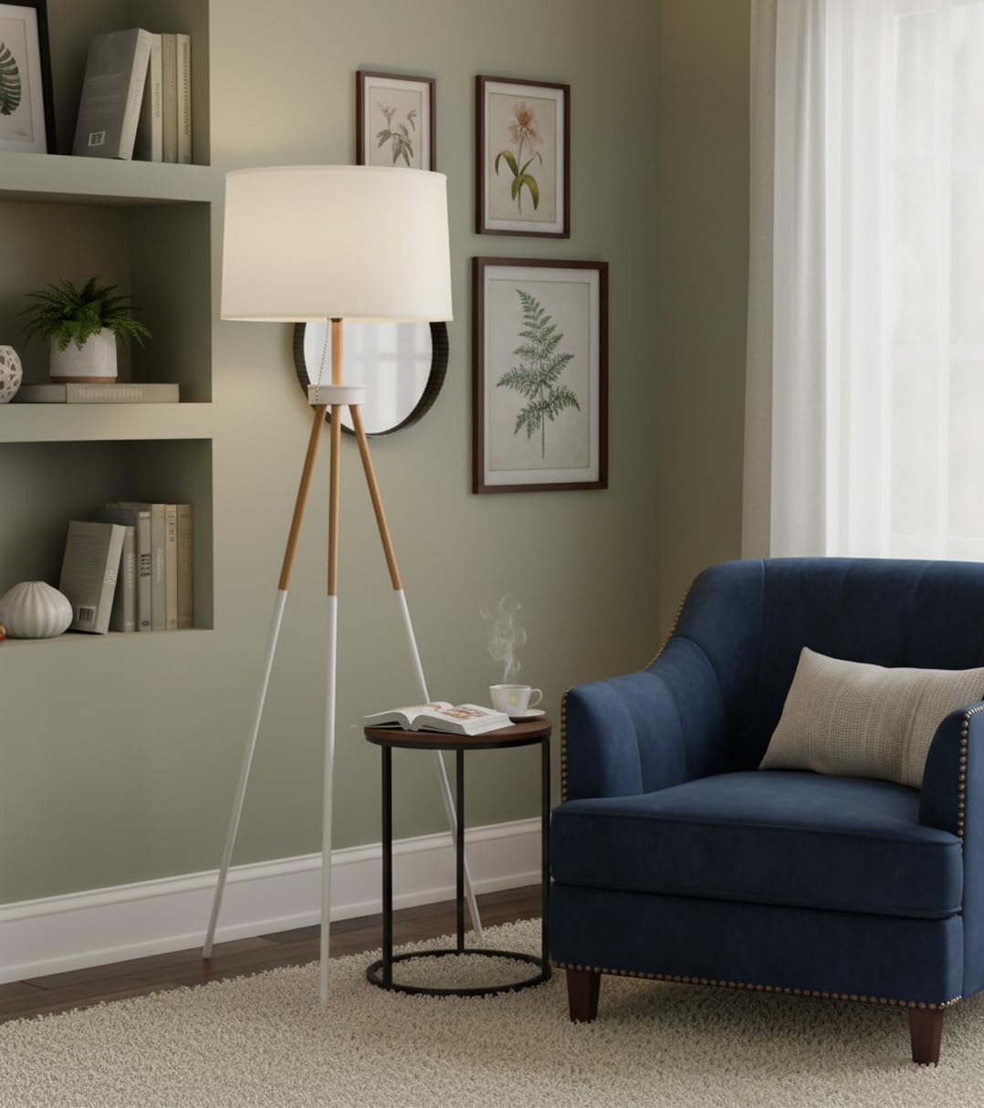 BEL AIR HOME - Lampada da Terra Soggiorno NAPOLI, Treppiede a 3 gambe 1 x E27 (Lampadina non inclusa) Design Moderno in Metallo e Legno, Ideale per Salotto e Camera (BIANCO)