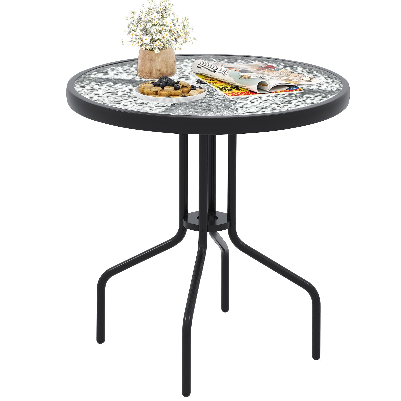 FANTASK Mesa de bistró con Tablero de Cristal Templado, 70 x 70 x 71 cm, Mesa Redonda para balcón, Mesa de Comedor al Aire Libre para terraza, Lacado Negro