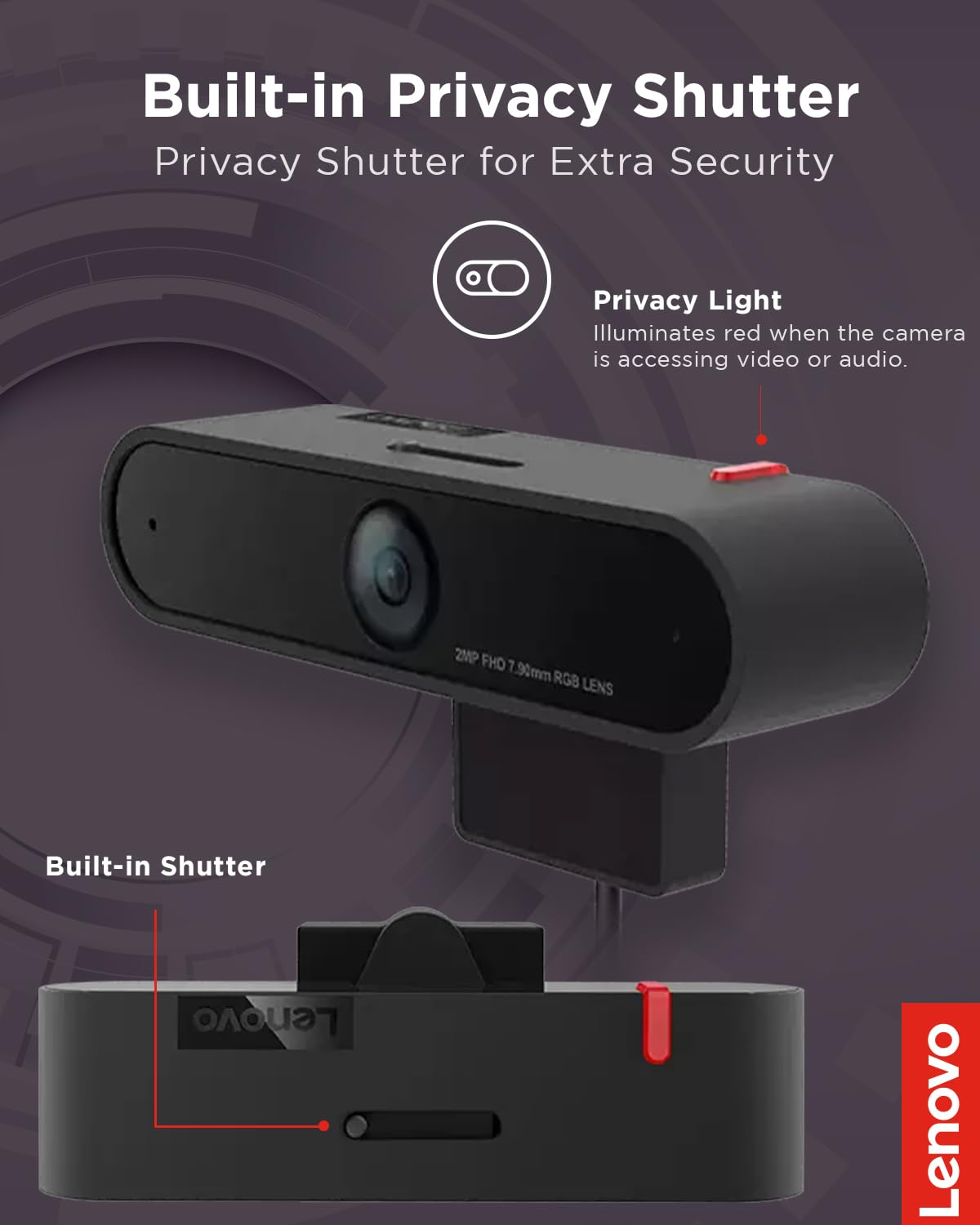 Lenovo Webcam LC50, 1080p, doppio microfono e cancellazione del rumore, attacco magnetico, otturatore per la privacy integrato