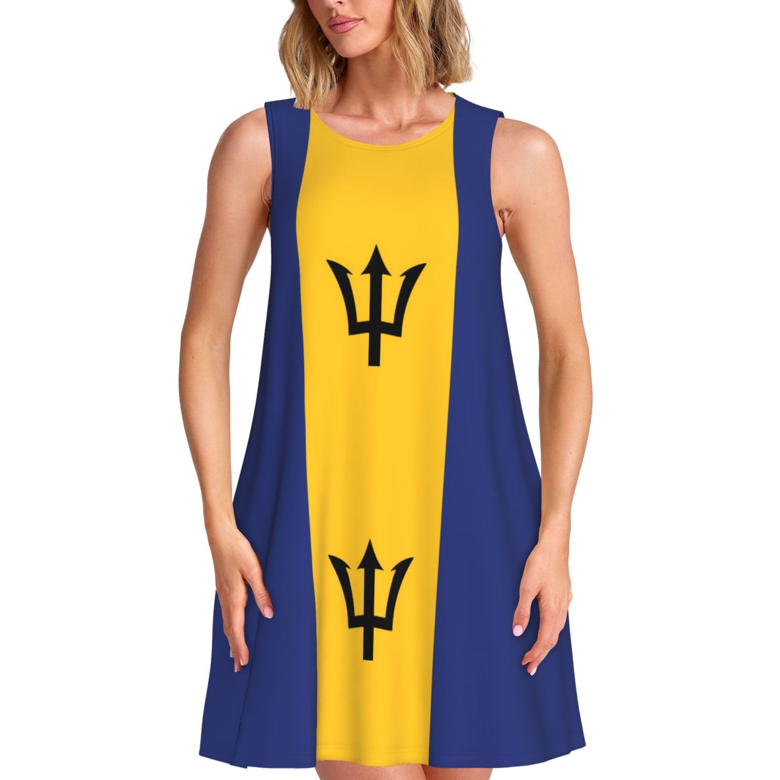 Zqytgfdc Women's Black Flag Of Barbados Summer Dresses Loose U Neck Sleeveless Sundresses Dress With Pockets, 3X-Large Short