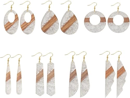 Miniatura 5 de FASHEWELRY 14 Piezas Dijes para Aretes de Madera de Resina - Bases de Aretes de Madera con Lámina Plateada - Dijes Geométricos Bohemios - Piezas