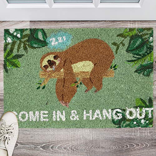 Relaxdays Fußmatte Kokos 'Come In & Hang Out', Faultier-Motiv, Türmatte außen & innen, Kokosmatte 60x40 cm, grün/braun