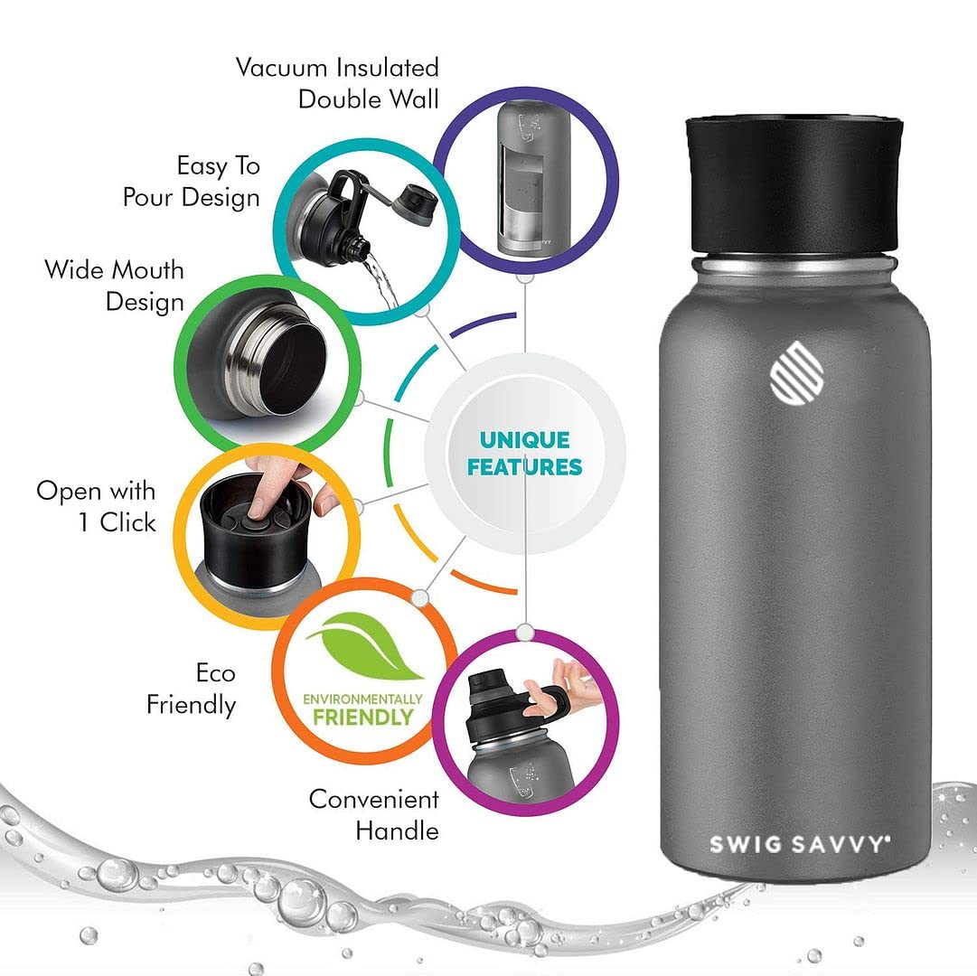 Swig Savvy Sports Water Bottle, Vacuum Insulated Stainless steel, Double Wall, Wide Mouth 2 Leakproof Lid, Travel Thermos - 30oz (Black) Product Image 3