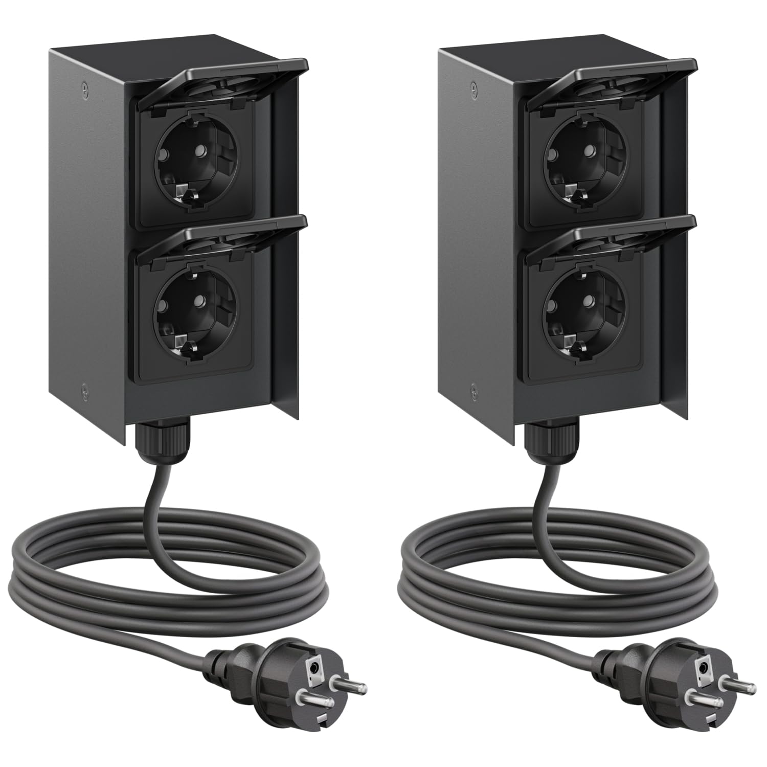 ledscom.de 2X Außensteckdose 2-Fach STEDDA und 2m Kabel, IP44, Edelstahl schwarz senkrecht, Steckdosen für Garten, Terrasse und Außenbereich
