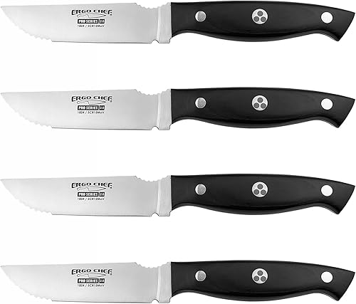 Ergo Chef Pro Series 2.0 - Juego de cuchillos para carne (4 piezas) de acero inoxidable de alto carbono, asas de madera de Pakka negra, estilo único