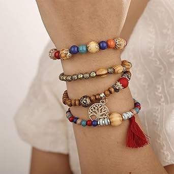 Set Di 4 Braccialetti Boho In Perline Di Legno Con Nappe E Albero Della Vita - Elasticizzati, Multistrato, Per Donna E Ragazza - 3