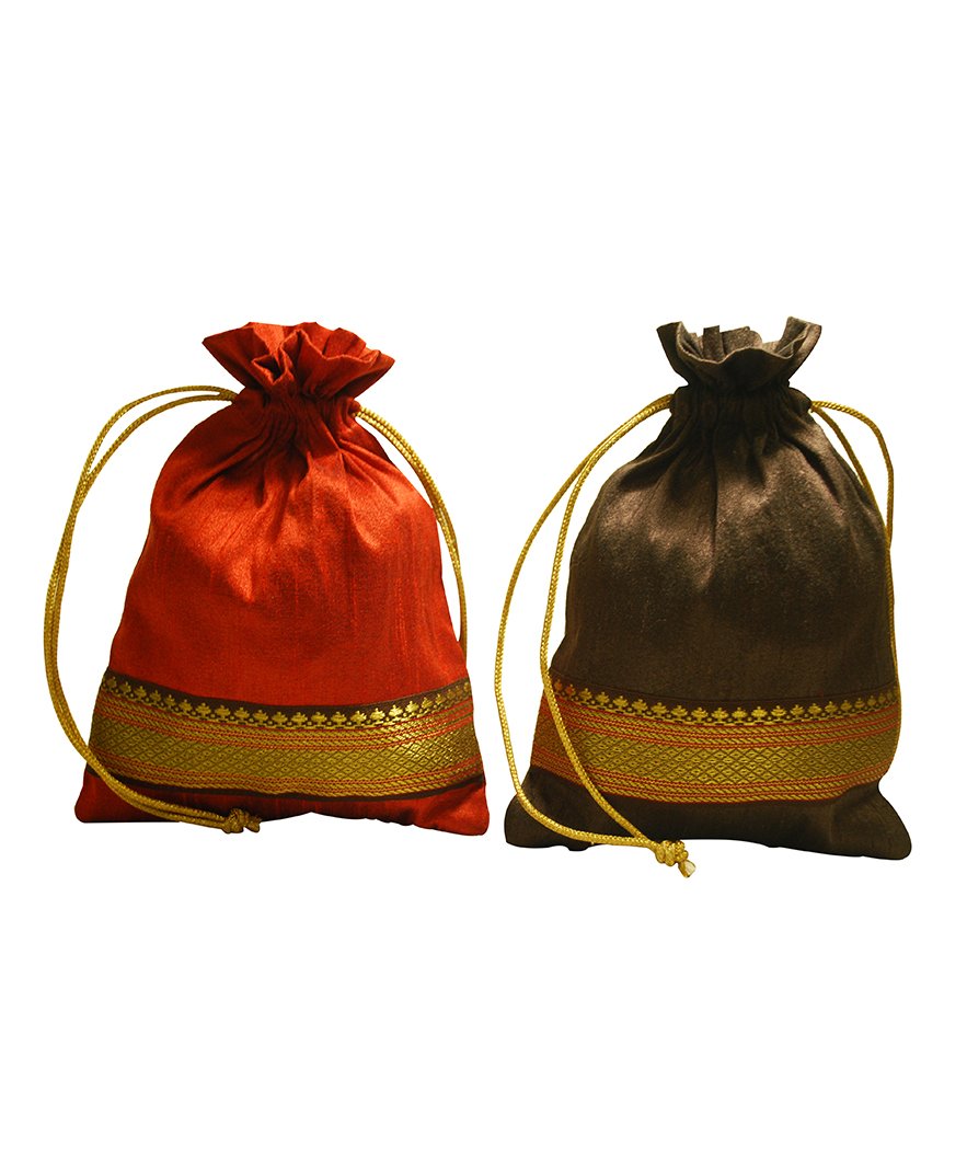 Clean Planet Handcrafted Ethnic Drawstring Women's Potli Bags - 21 x 16 cm (Red & Brown) Set of 2
