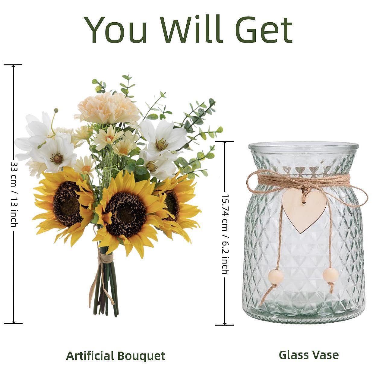 Centrotavola Con Girasoli Artificiali E Ortensie Bianche - In Vaso Elegante - Decorazione Finta Seta Per Casa