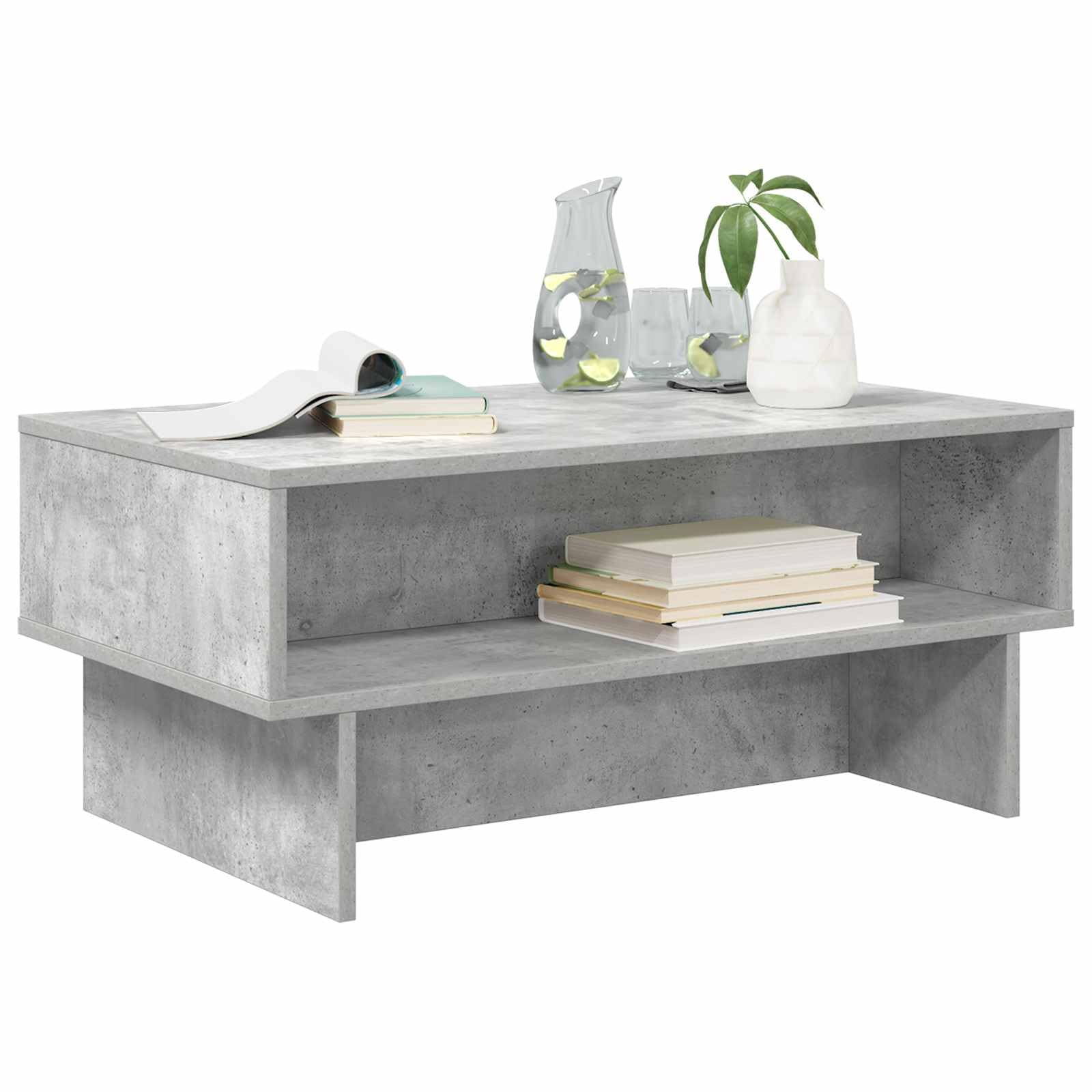 Mesa de centro de hormigón gris 80 x 46 x 35 cm con 2 estantes de madera de diseño moderno, robusta y duradera, pequeña mesa de salón para salón
