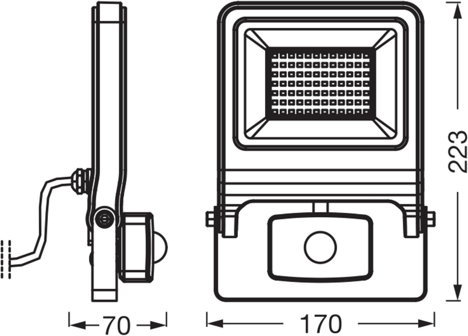 Technical drawing with dimensions of OSRAM ENDURA FLOOD PC 50W LED Projector