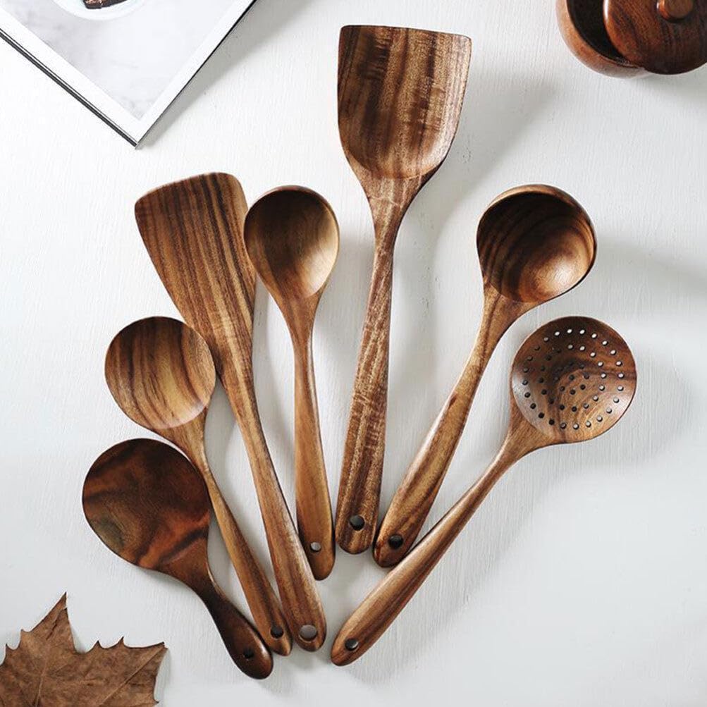 STOBAZA 1set Wooden Cooking Utensil Kit Natural Acacia Wood Spoons Non-stick and Versatile for Cooking and Serving Includes Smooth Strainer Spoon for Home Kitchen Use