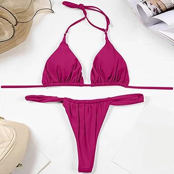 Bikini Donna 2 Pezzi - Top Triangolo E Slip Thong, Reggiseno Imbottito, Tessuto Morbido Per Spiaggia - Foto 9