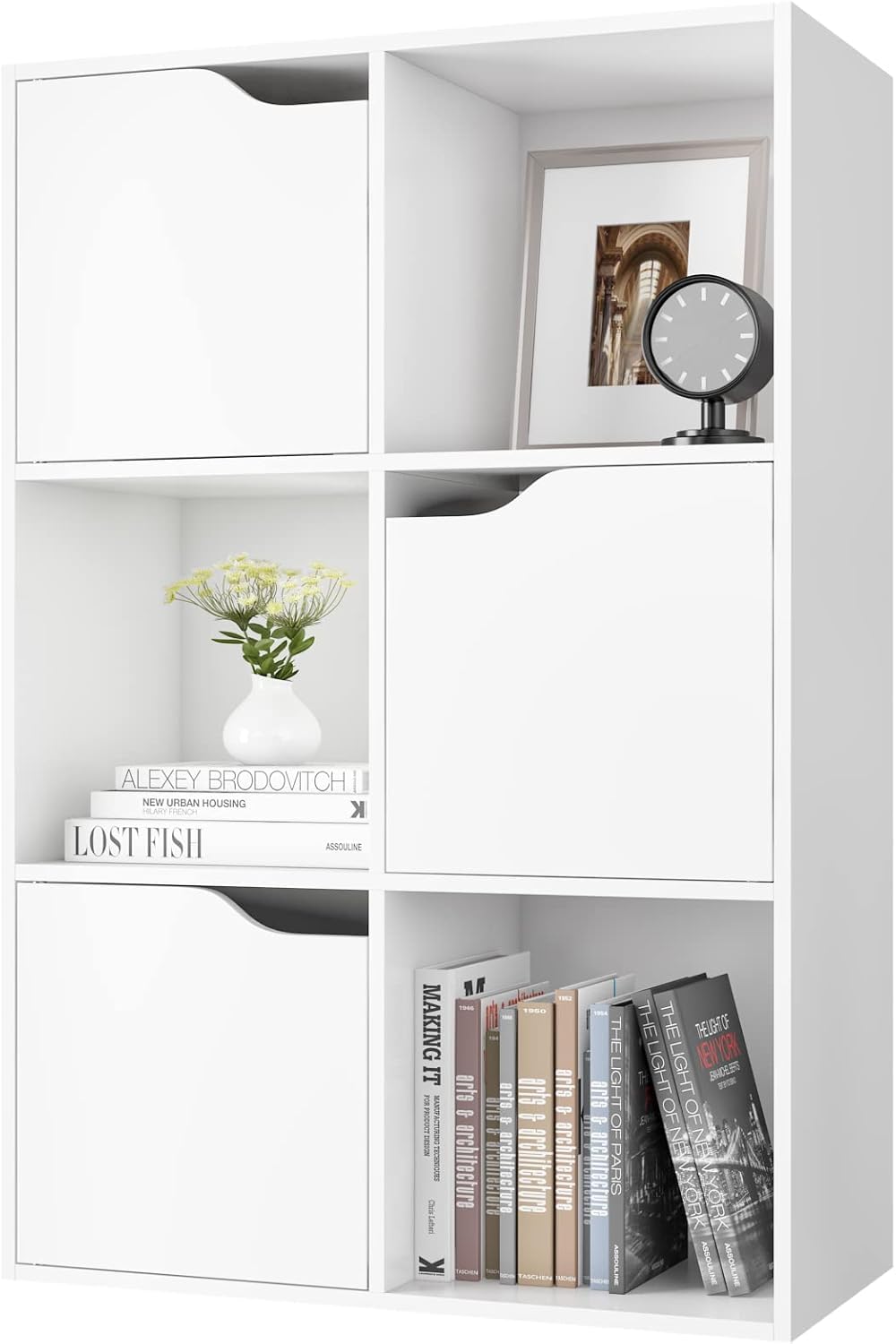 FirFurd Libreria Bianca con 6 Cubi e 3 Porte, Libreria Armadietto 3 Ripiani | Libreria a Cubi｜Scaffale Portaoggetti per Libri｜Mobiletto Multiuso Salvaspazio｜per Casa,Soggiorno,Ufficio｜60x90x29cm｜Bianco