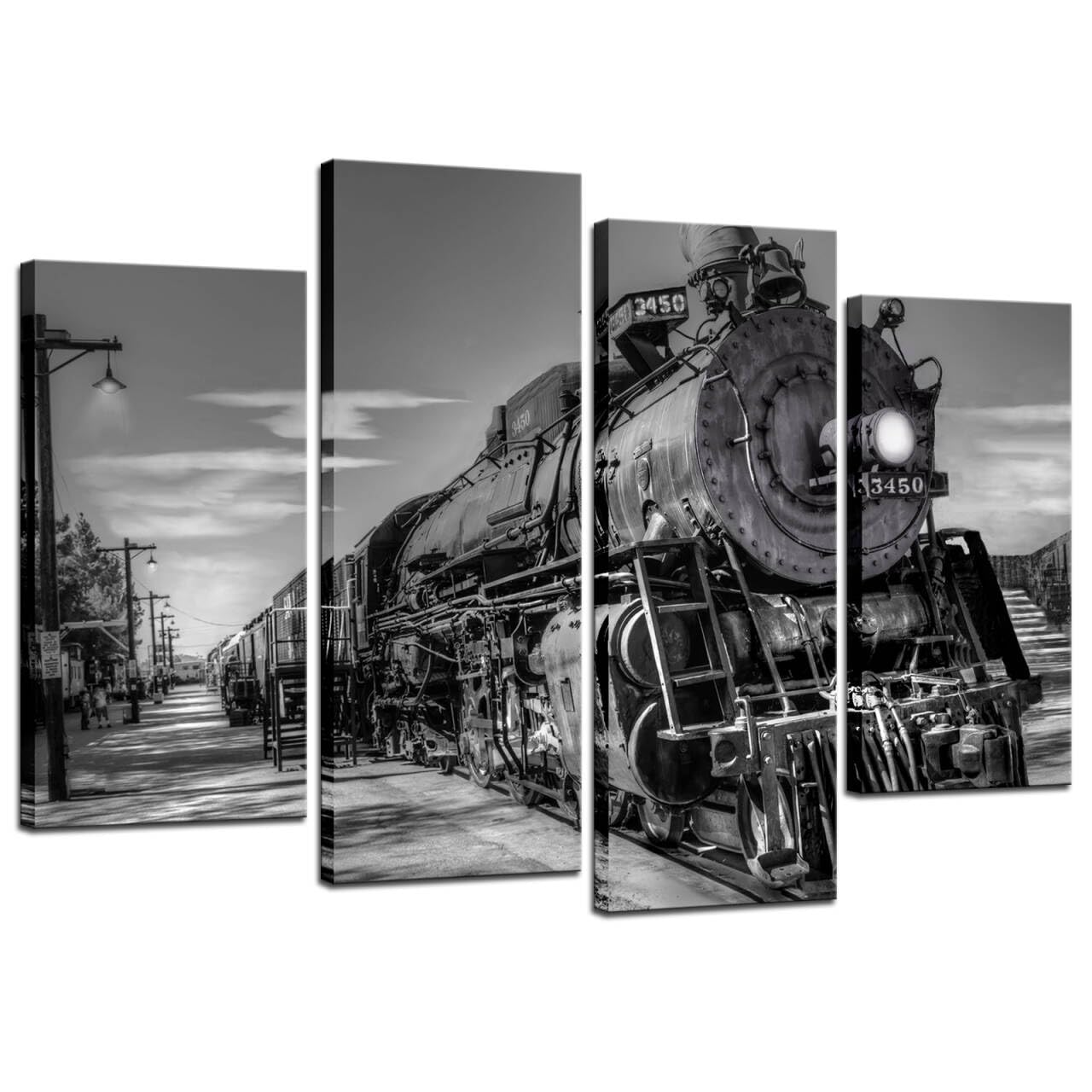 iHAPPYWALL 4 Panel Train Canvas Wall Art Vintage Black and White Steam Train Coal Burning Locomotive Wall Hanging Print On Canvas Car Pictures for Home Decoration Gift Ready to Hang