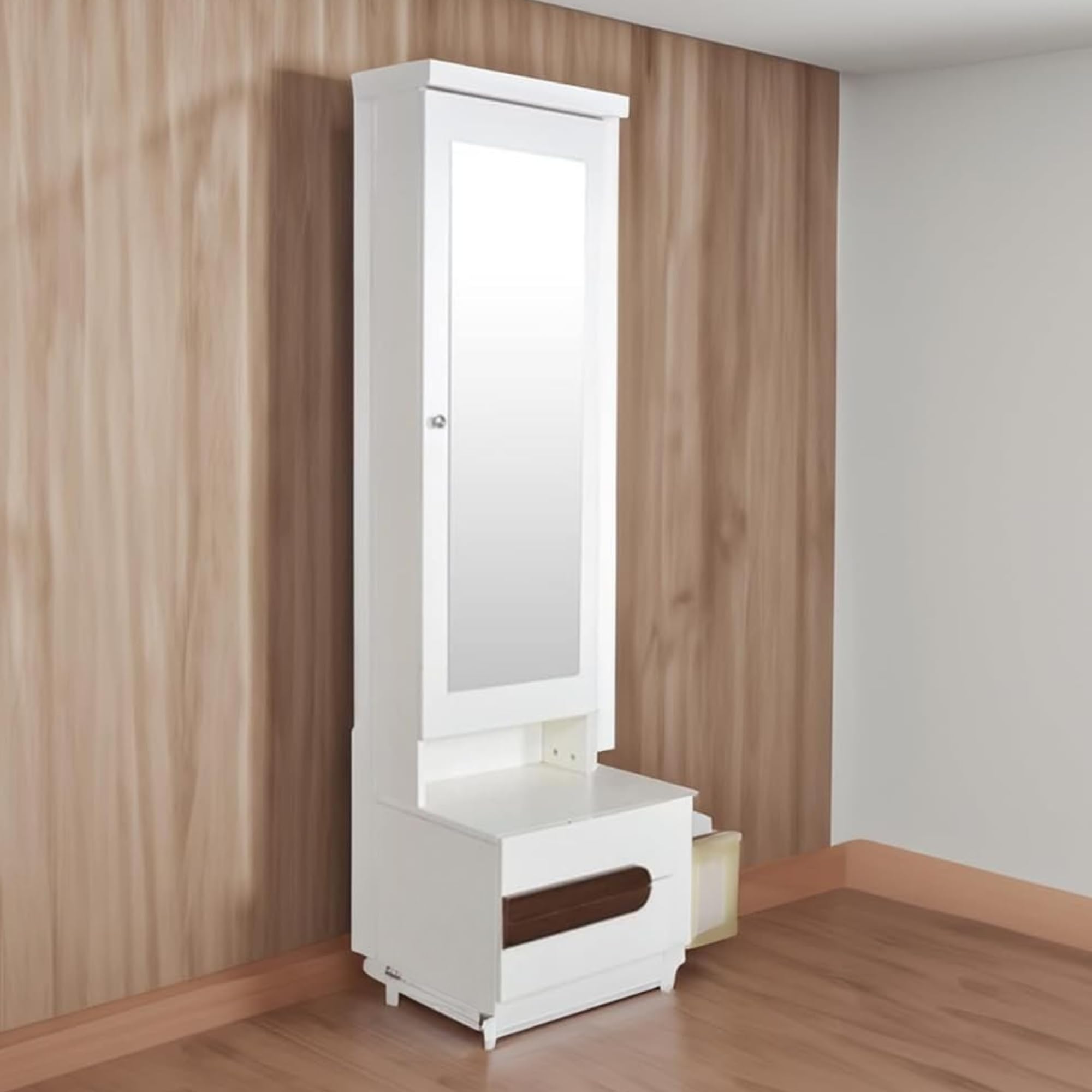 CASPIAN Engineered Wood Single Door Wooden Vanity Dressing Table (White) | Pre-Assembled Furniture with Mirror | Makeup & Accessories Storage Organizer with 6 Shelves & 2 Drawer