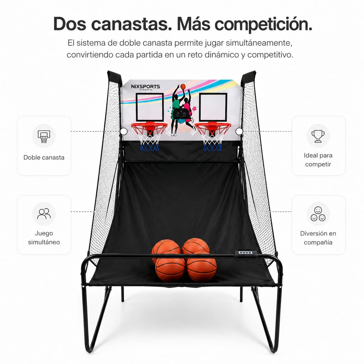 Canasta Doble Arcade Infantil Plegable con Marcador electrónico y Sonido – Panel Inteligente, Acero Reforzado, Red Nylon Resistente, Retorno balón, Interior