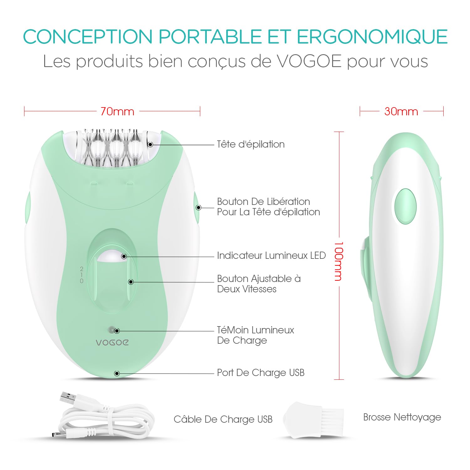 VOGOE Epilateur Electrique Femme avec 21 Pinces et Lumière LED, 2 Vitesses Épilateur Visage Femme Sans Fil, Epilateur Electrique Rechargeable pour Bras, Jambes, Visage HR110 (Vert)