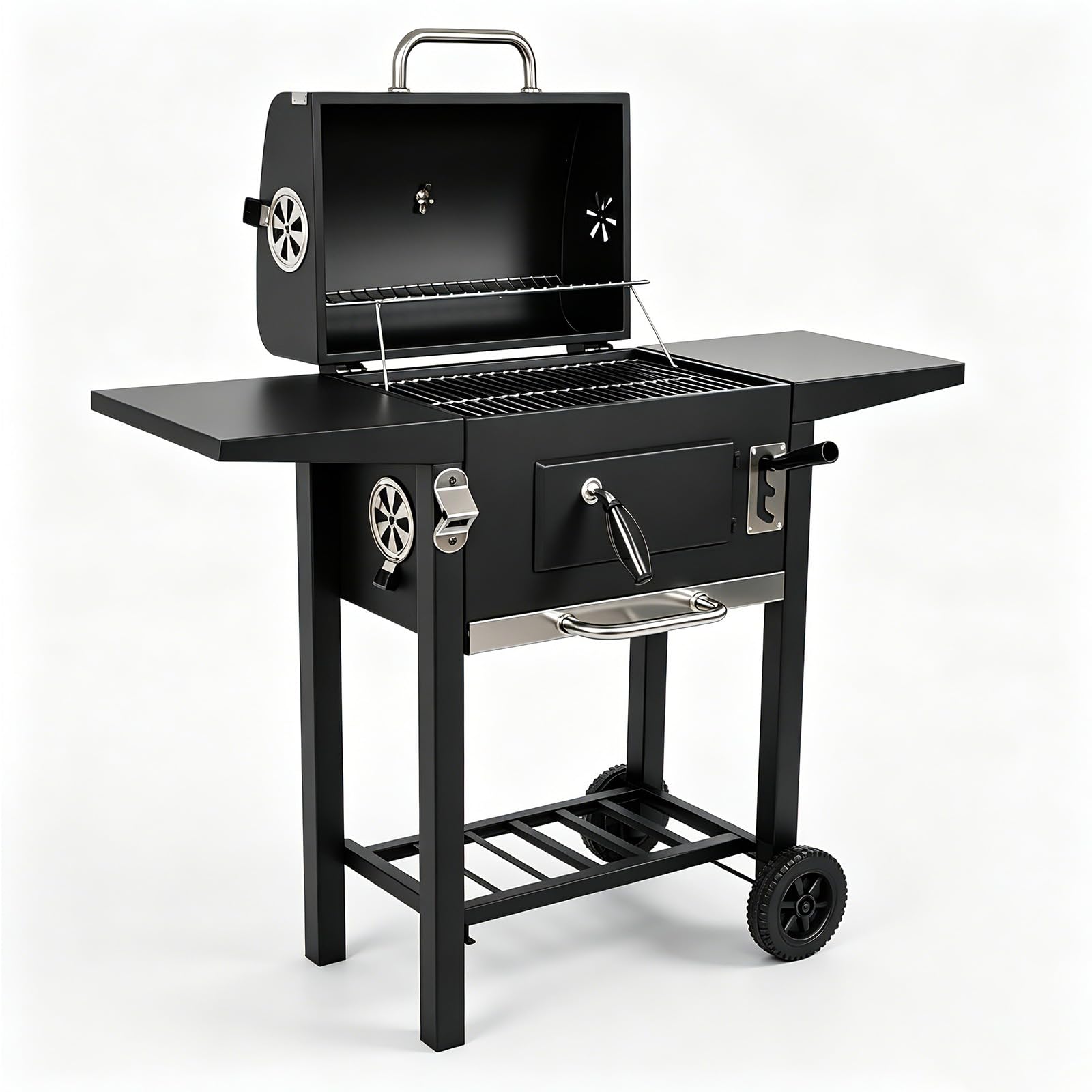 LQWELL Grillwagen, Holzkohlegrill BBQ Smoker Trolley, Standgrill mit Deckel, Edelstahl-griff, Grillrost, Thermometer, Flaschenöffner und Rädern, Maße ca. L109 x W54 x H94.5 cm, Schwarz