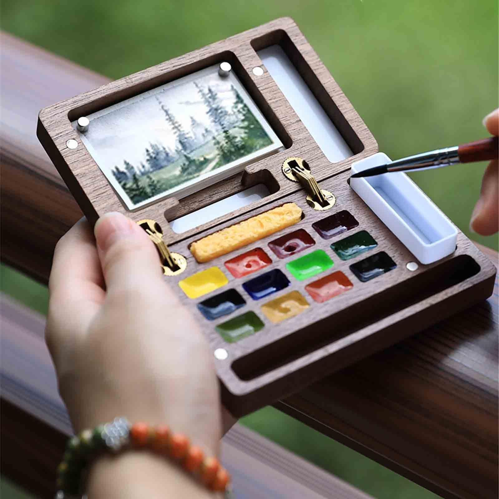12 Farben Mini Aquarell Set Walnuss Tragbar Aquarell Set Unterwegs Portioniert Solide Aquarellfarben Für Zugreisen(12-colour A)