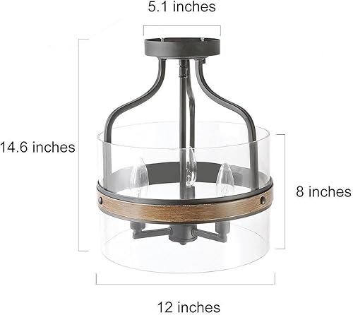 Miniatura 4 de Lámpara de techo semiempotrada de granja, cerca del techo con madera sintética y vidrio transparente para pasillo, dormitorio, cocina, vestíbulo y