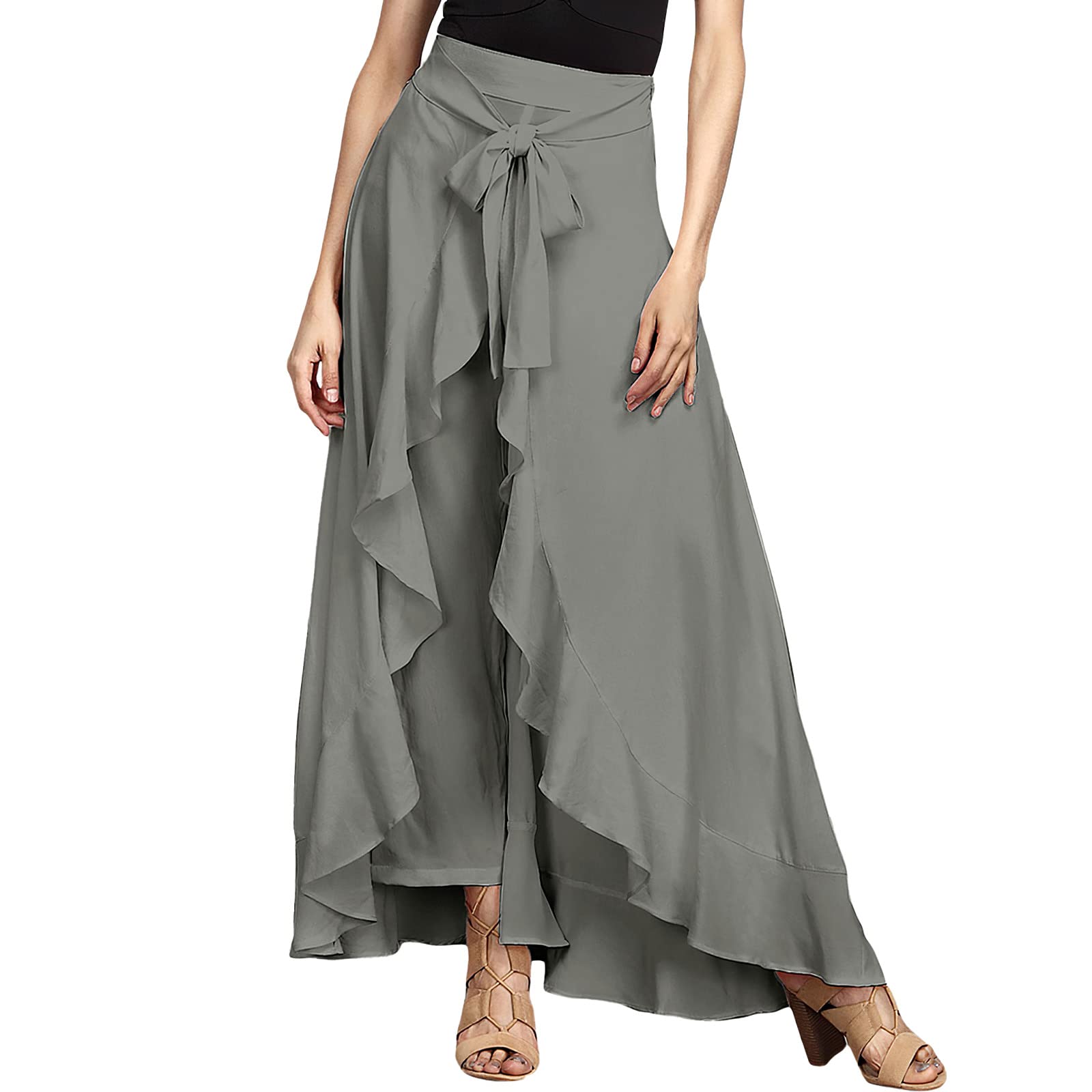 Pantete Womens Wide Leg Dress Pants Palazzo Long Chiffon Trousers with Belt