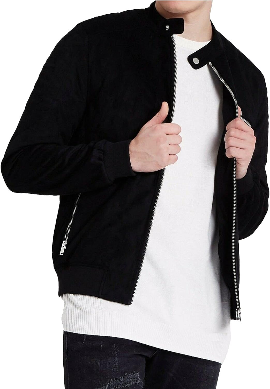 Mens Real Black Suede Bomber Jacket Leather Sports Varsity Casual Coat
