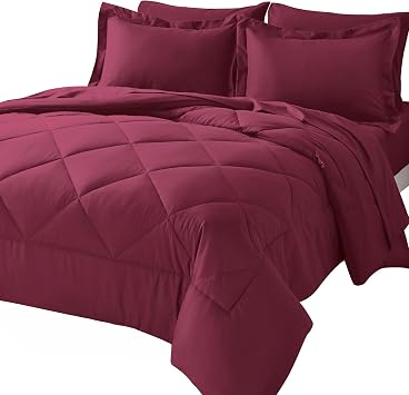 Burgundy Bed in a Bag 7 Pieces All Season Bedding Sets with Queen Comforter,Flat Sheet, Fitted Sheet 12 Inch and Pillowcases