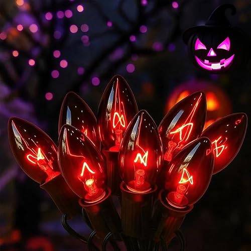 Abeja Luces de Cadena Negras C9, Luces Vintage de Halloween de 25 Pies con 26 Bombillas de Luz Negra Púrpura (1 de Repuesto), Luces de Cadena