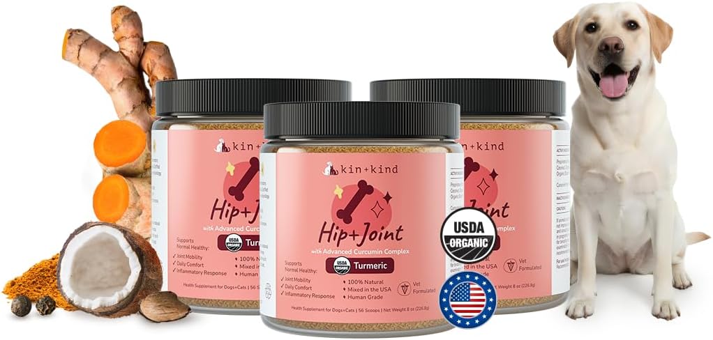 kin+kind Hip and Joint Supplement for Dogs & Cats – Vet Formulated Natural Joint Support with Organic Turmeric, Black Pepper & Coconut – Dog Essentials & Cat Essentials – Made in USA – 3x8 oz (Large)