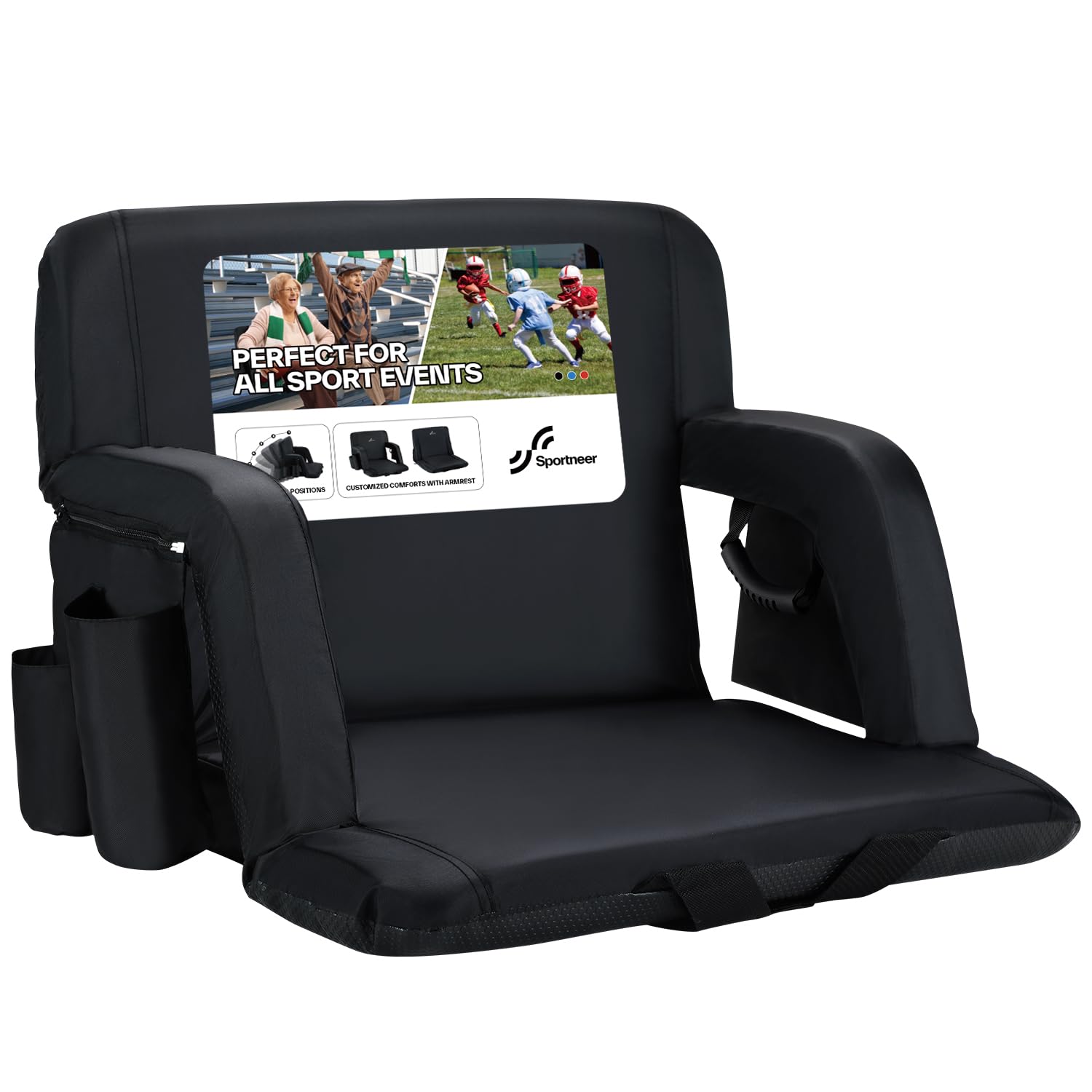 Sportneer Stadium Seats with Back Support: 2.5'' Thick Comfy Cushion 6 Adjustable Angle Bleacher Seat with Armrest - 2 Large Pockets, 2 Cup Holders Stadium Chair for Sport Events Concerts Parks