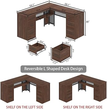 HSH L-Shaped Executive Desk with Drawers, Home Office, Metal-Wood, Computer Desk for Work and Study, Rustic Walnut, File Drawer