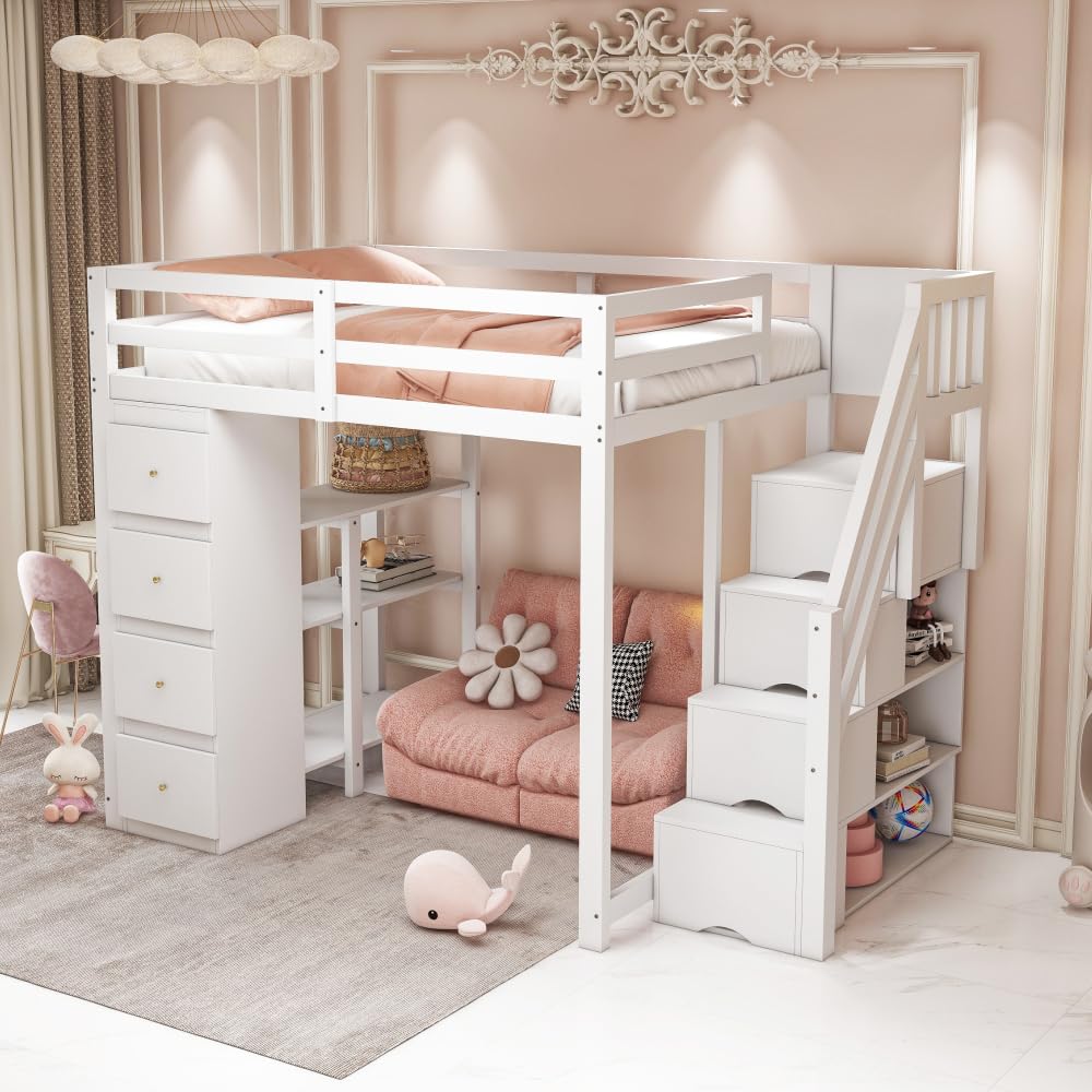 Lit Superposé 140x200 Cm En Bois Massif – Lit Mezzanine Avec Échelle-Rangement, Tiroir Et Barrières De Sécurité, Blanc/Gris/Naturel