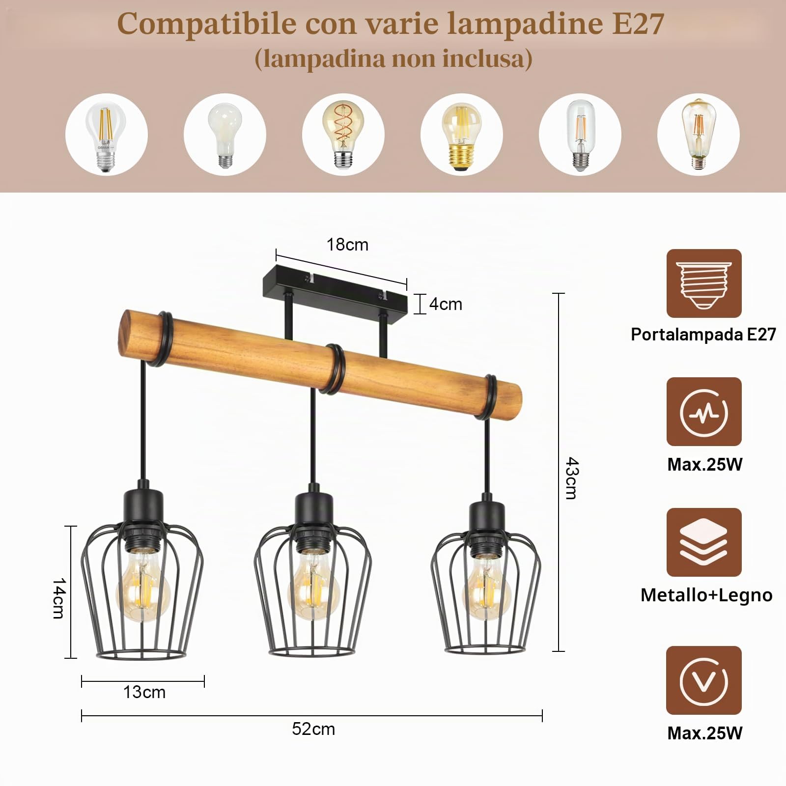 ZMH Plafoniera vintage Lampada da soffitto camera - Nero plafoniera | soffitto in legno e metallo con 3 luci retro portalampada E27 altezza regolabile design industriale illuminazione per interni