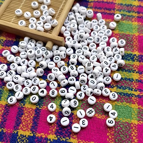 Amaney 600pcs White Acrylic Number Beads 0-9 Symbol # Heart with Storage Box 7x4mm
