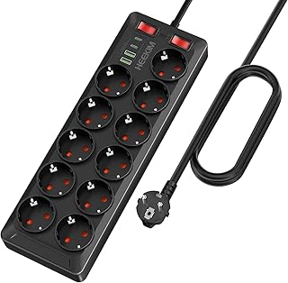 Steckdosenleiste mit USB, 11 Fach Mehrfachsteckdose mit Schalter 2 USB-A und 2 USB-C Ports, 4000W 16A, Steckdosenleiste mit 2 Schaltern für Haus, Schule, Büro (Schwarz, 3M Kabel)