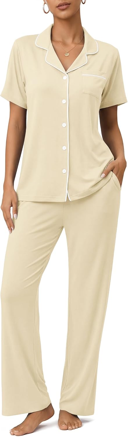 ZMJ Womens Pajamas Sets 2 Piece Button Up Pj Sets Short Sleeve with Long Pant