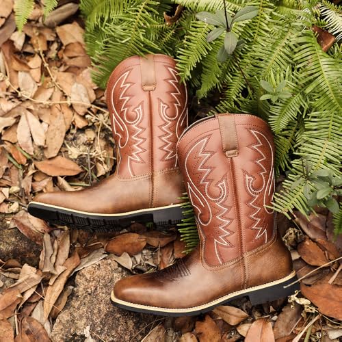 Men's Cowboy Boots,Men's Fashion High Tube Embroidery Retro Leather Boots Wide-head Western Cowboy Boots Middle Tube Thick Boots3