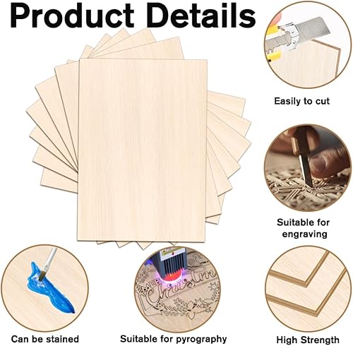 Miniatura 3 de DIYDEC Paquete de 24 hojas de tilo  Cuadrados de madera contrachapada fina de 4 x 6 x 116 pulgadas para manualidades, modelos arquitectónicos, corte