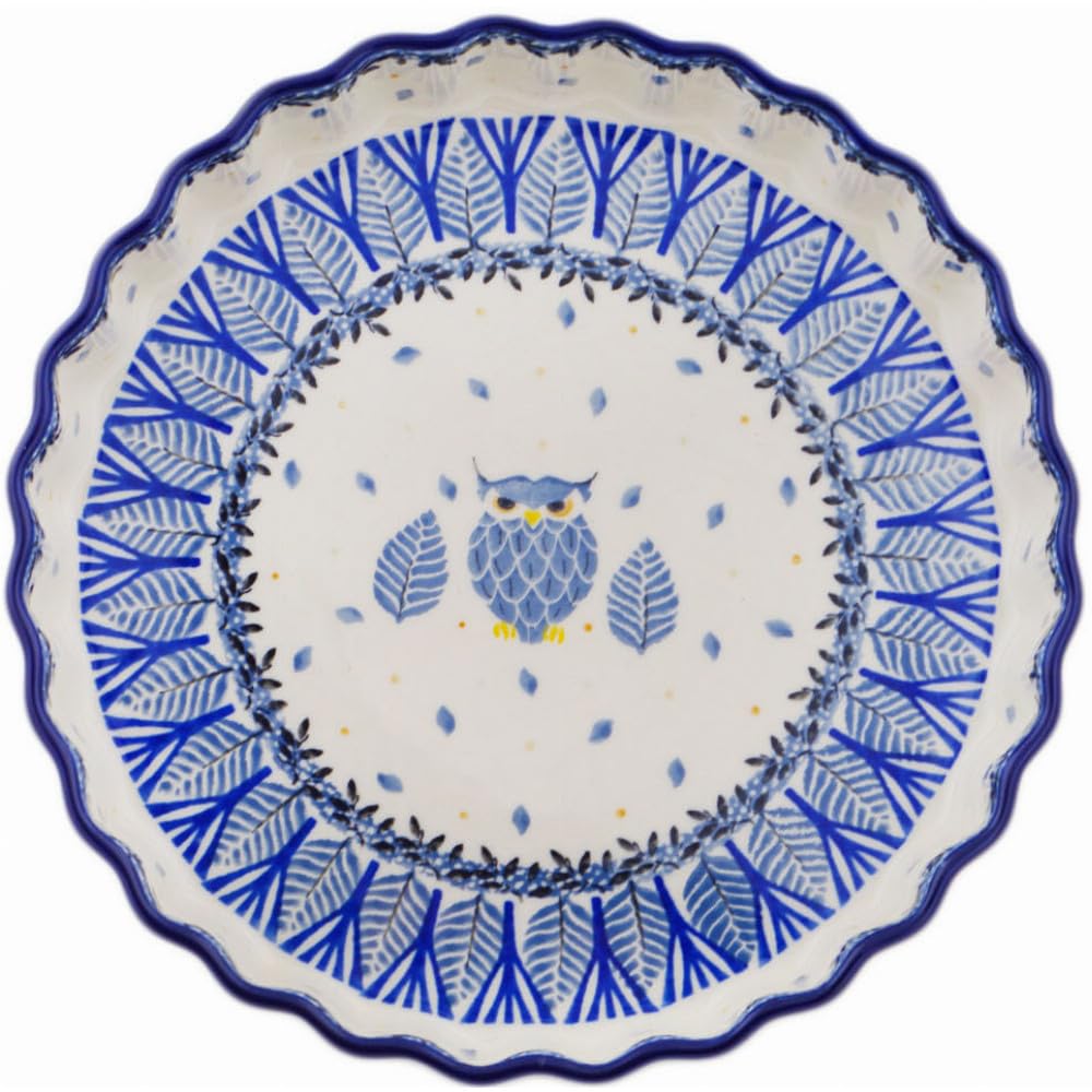 Authentic Polish Pottery Fluted Pie Dish Signature UNIKAT in Pastel Hooter Design Handmade in Boles?awiec Poland by Ceramika Artystyczna + Certificate of Authenticity