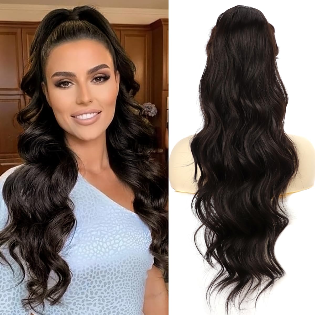 YEESHEDO Long Wavy Ponytail Hair Extension for Women Drawstring Ponytail Hair Extensions Clip in Curly Synthetic Hairpiece (Natural Black)
