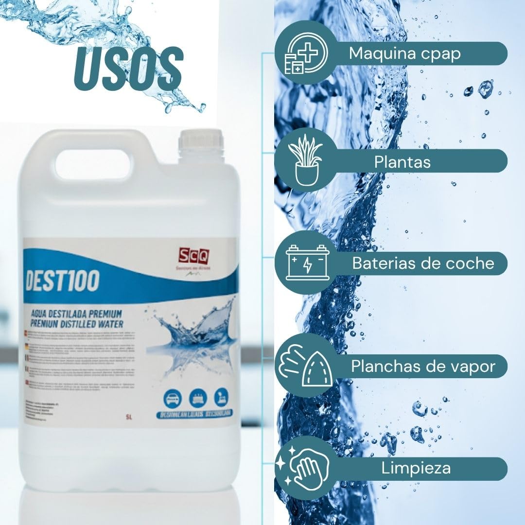 Acqua distillata pura al 100% da 5 l, ideale per batterie, ferri da stiro, umidificatori, pulizia, motori, CPap, laboratori. Acqua demineralizzata, acqua deionizzata. conducibilità inferiore a 1