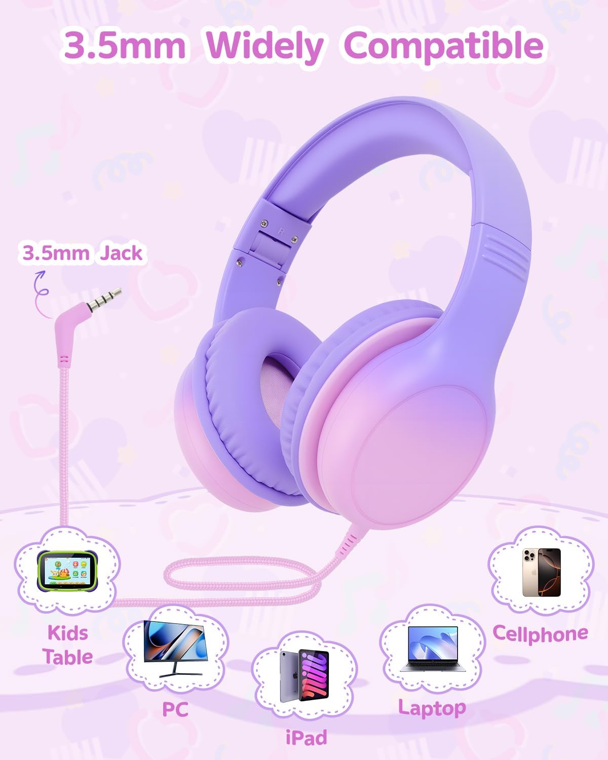 Over Ear Kids Headphones with HD Mic, Safe Volume Limited Wired Headphones for School, Travel, Stereo Sound Headphones with Cord, Foldable 3.5mm Headphones for iPad, Laptop, PC, Purple-Pink