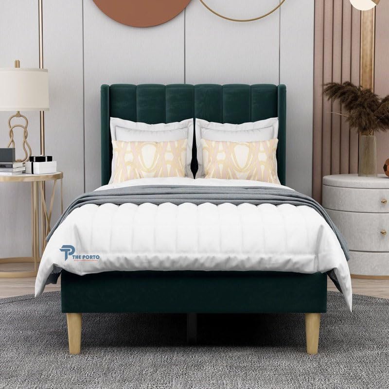 Image of Solid Wood Upholstered Single Bed for Bedroom Without Storage | Premium Fabric with Wingback Headboard | Wooden Single Bed Palang for Home | Stylish Single Cot Bed | 6 x 4 Ft, Dark Green