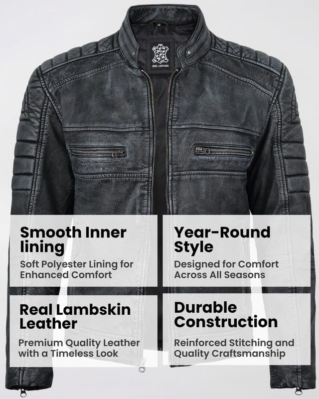 Image of Blingsoul Men's Leather Jacket - Real Lambskin Motorcycle Cafe Racer Biker Style Jacket