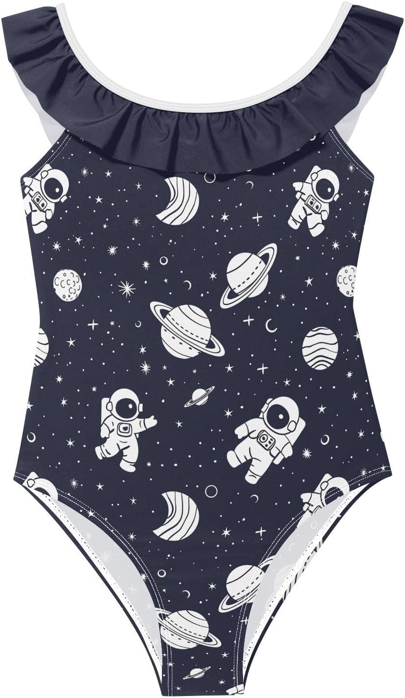 visesunny Girls One Piece Swimsuits Ruffle Swimwear Astronaut Saturn Bathing Suits for Girls 3-6Y