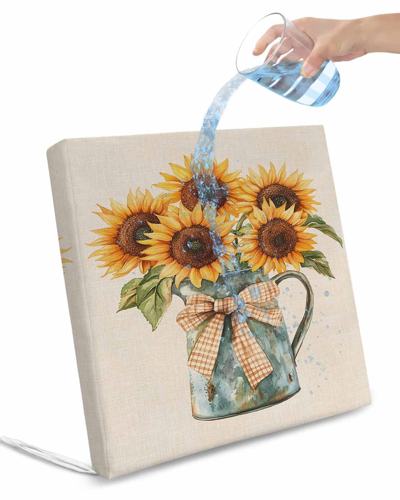 2 Pack Sunflower Waterproof Cushion Covers with Ties, Outdoor Patio Chaise Lounge Chair Seat Cushion Slip Covers Replacement(Only Cover) Summer Farm Vintage Flower Watercolor Bow 22