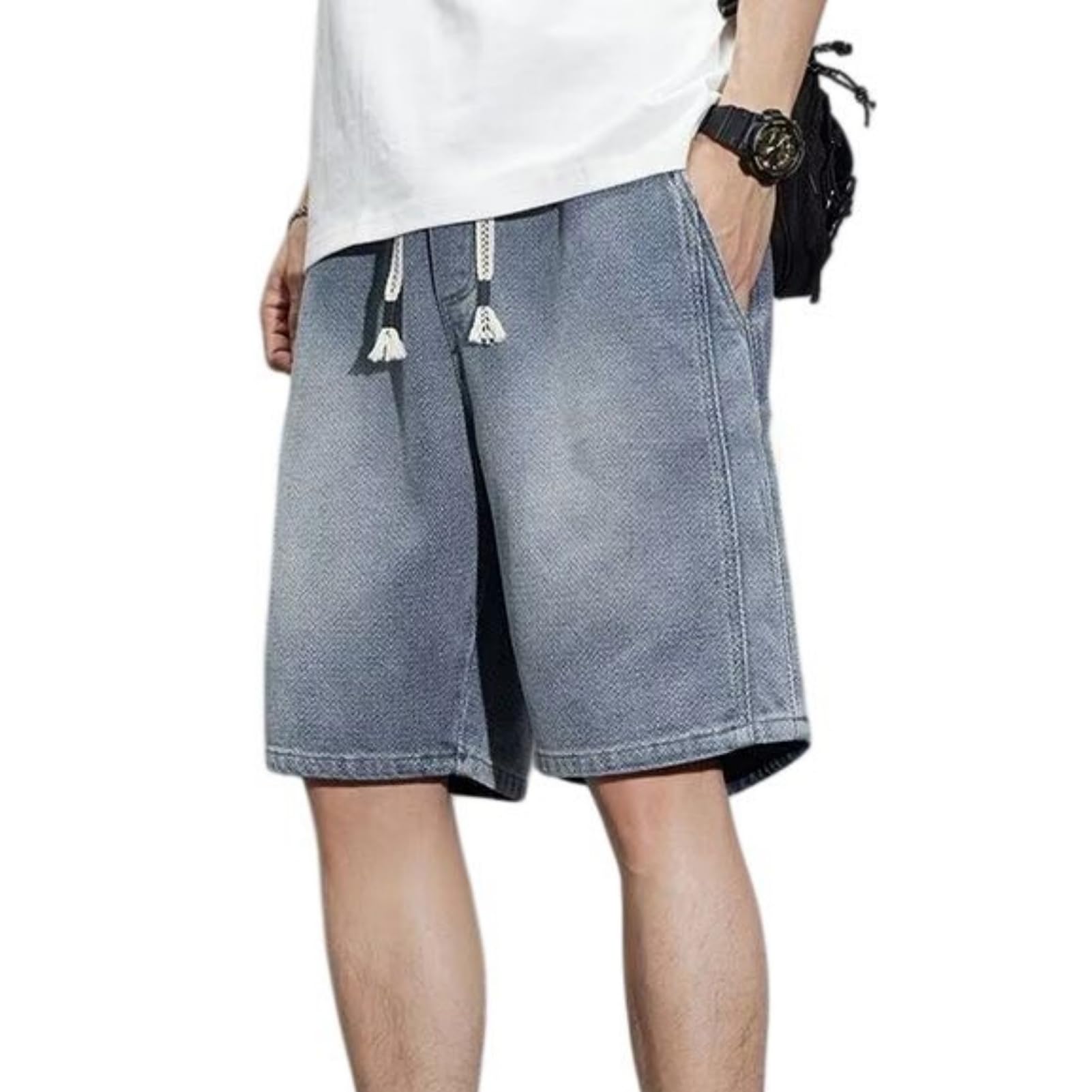 Pantalones cortos de mezclilla vintage para hombre, corte recto, holgado, hasta la rodilla, pantalones cortos de verano