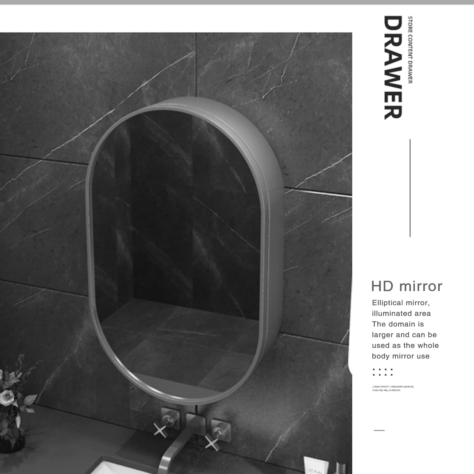 Specchio Mueble de baño con Espejo ovalado de pared e iluminación - Botiquín de Madera Negra, con almacenamiento antivaho, 40 x 70 x 14 cm - Ideal para baños modernos