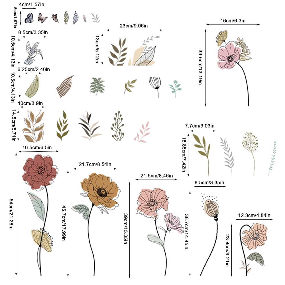 DERUN TRADING Boho Flower Wall Stickers Wildflower Floral Grass Peel and Stick Decals Wall Art for Living Room Bedroom Boho Wall Decor